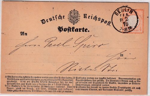 DR - 1/2 Gr. gr. Brustschild Ortskarte (gedr. Absender) K2 Berlin P.E.6 1873