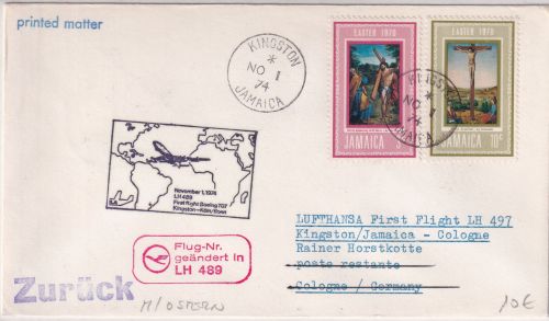 Jamaika - 10+3 C. Ostern Flufpostbrief LH-Erstflug Kingston - Köln 1974