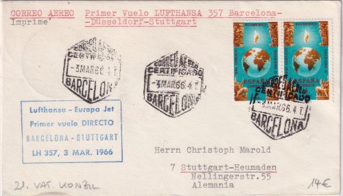 Spanien - 2x1 Pta. XXI. Vat. Konzil Lupo-Drucksache/LH-Erstflug Barcelona 1966