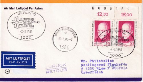 Berlin - 86. Dt. Katholikentag Oberrandpaar + Bogennummer Lupo-Brief+SST 1980