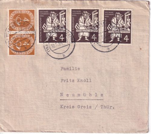 BRD - 3x4 Pfg. Gutenberg u.a. Brief Wiesbaden-Biebrich - Neumühle 1954