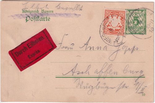 Bayern - 5 Pfg. Rauten Ganzsache+Zusatz Eilkarte Wiesenfeld Ufr. 1910
