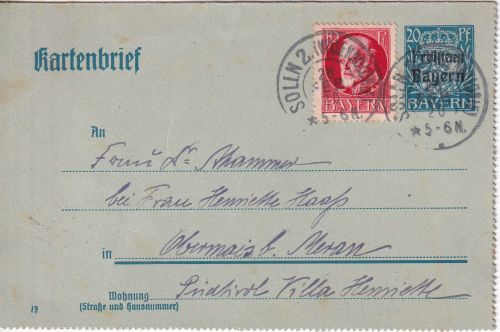 Bayern - 20 Pfg. Hupp/Freistaat Ganzsache+Zusatz Brief n. ITALIEN Solln 1920