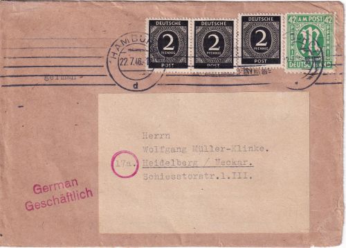AM-Post/Kontrollrat - 42 Pfg. + 3x2 Pfg. Ziffer Doppelbrief Hamburg 1946