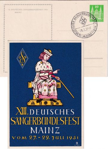Bizone - Mainz 1951 13. Dt. Sänger-Bundesfest 10 Pfg. Privatganzsache + SST