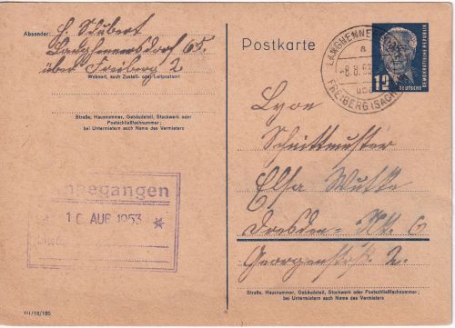 DDR - Langhennersdorf ü. Freiberg Poststelle I 12 Pfg. Ganzsache n. Dresden 1953