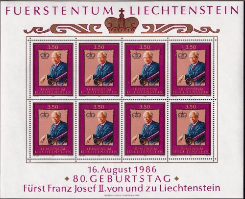 Liechtenstein - Fürst Franz Josef II. 80. Geburtstag Kleinbogen postfrisch/MNH