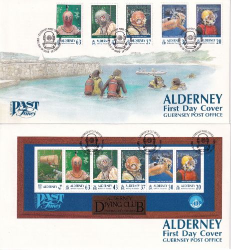 Alderney - Diving Club 1998 Einzelmarken + Block 2 Schmuck-FDC ESST Guernsey PO