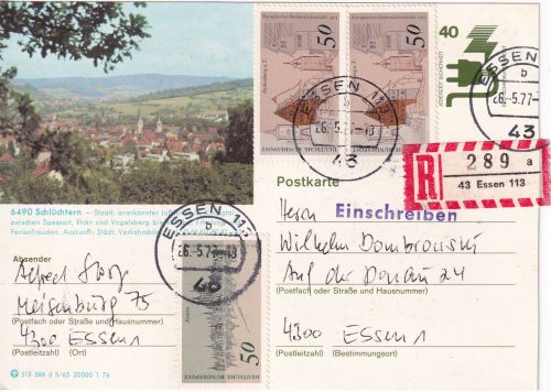 BRD - 40 Pfg. UV Bildganzsache+Zusatz Einschreibekarte/Ortskarte Essen 1977