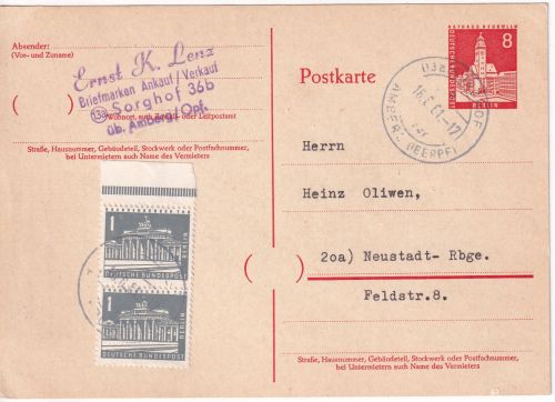 Berlin - 8 Pfg. Stadtbilder Ganzsache+Zusatz Poststelle I Sorghof ü. Amberg 1961