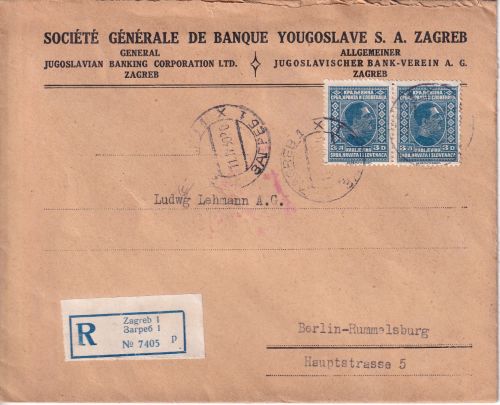 Jugoslawien - 2x3 Din. König Alexander Einschreibebrief Zagreb - Berlin 1930