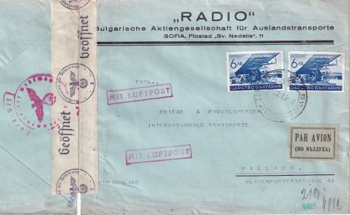 Bulgarien - 2x6 L. Flugzeug Luftpost-Zensurbrief Sofia - Villach 1940
