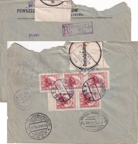 Polen - 5x20 Gr. Dreimaster Einschreibebrief "crash mail" Stanislawow 1927