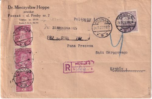 Polen - 3x20 Gr. Juliusz Slowaki u.a. Einschreibebrief Posen - Krakau 1927