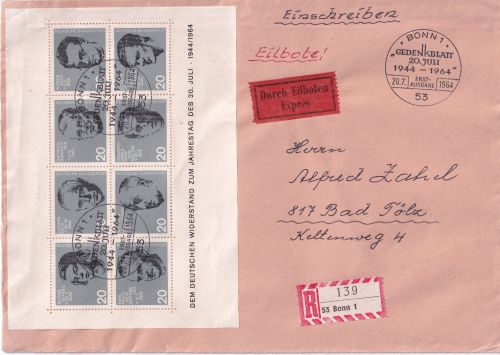 BRD - Widerstandskämpfer 20. Juli Blockausgabe Eil-R-Brief/FDC ESST Bonn 1964