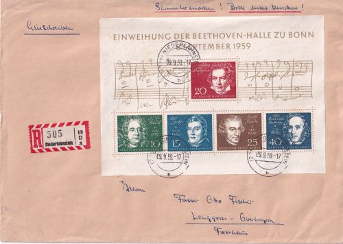 BRD - Beethoven-Halle Bonn Einweihung Blockausgabe R-Brief Niederlahnstein 1959