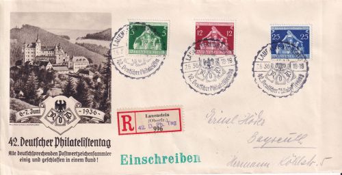 DR - Lauenstein 1936 42. Dt. Philatelistentag SST + Sonder-R-Zettel R-Brief
