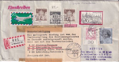 BRD/Postkrieg - PWZ Stettin/Königsberg Einschreibebrief/RS n. POLEN München 1970