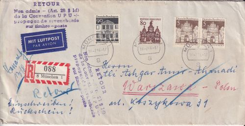 BRD/Postkrieg - PWZ Stettin/Königsberg Einschreibebrief/RS n. POLEN München 1966