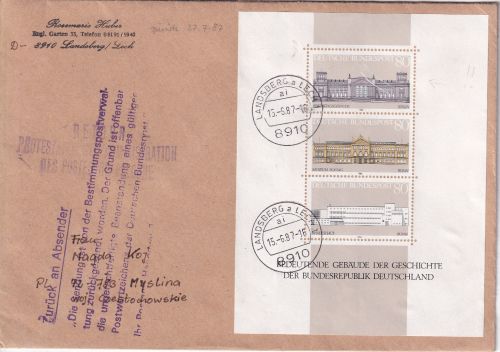 BRD/Postkrieg - Grundgedanke Demokratie Blockausgabe Brief n. Czestochowski 1987