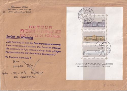 BRD/Postkrieg - Grundgedanke Demokratie Blockausgabe Brief n. Tschenstochau 1987