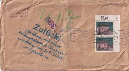 BRD - Retour-L5/Geschenkverordnung Brief Rheydt - Halle 1965