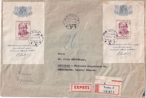 CSSR - 2x2 Kc. 70. Geb. Zapotocky Blockausgabe Eil-Einschreibebrief Prag 1955