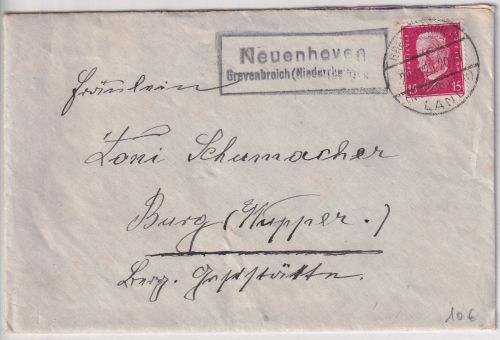 DR - Neuenhoven Grevenbroich Land Landpost-Ra2 Brief n. Burg 1929