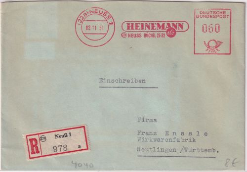 BRD - Neuss 1951 60 Pfg. AFS "Heinemann" Einschreibebrief n. Reutlingen
