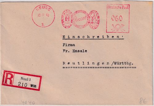 Bizone - Neuss 1949 60 Pfg. AFS (Heinemann) Einschreibebrief n. Reutlingen
