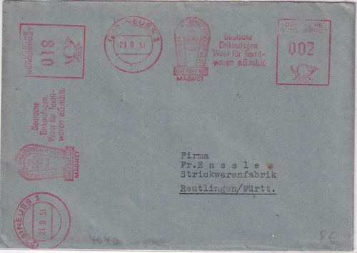 BRD - Neuss 1951 18+2 Pfg. AFS "Einkaufsgen. West f. Textil" Einschreibebrief