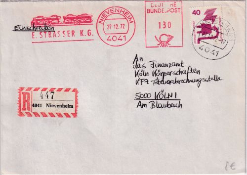 BRD - Nievenheim 1972 130 Pfg. AFS "Strasser KG" + 40 Pfg. UV Einschreibebrief