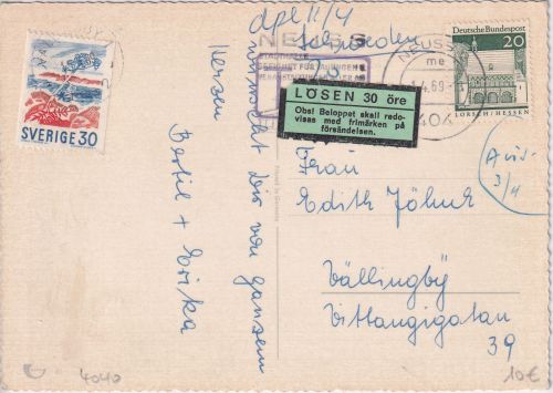 BRD - 20 Pfg. Bauwerke Karte n. SCHWEDEN Neuss - Vällingby 1969 30 Ö. Nachporto