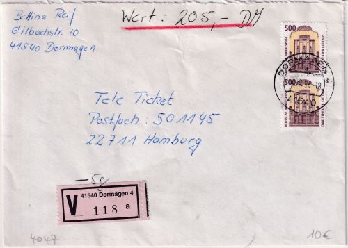 BRD - 2x500 Pfg. SWK Wertbrief (205 DM) Dormagen - Hamburg 1994