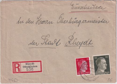DR - 30+12 Pfg. AH Einschreibebrief Rheydt-Odenkirchen - Rheydt 1943