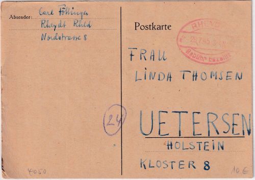 All.Bes. - Rheydt1 28.7.45 Gebühr bezhalt ovaler Stpl. Karte n. Uetersen