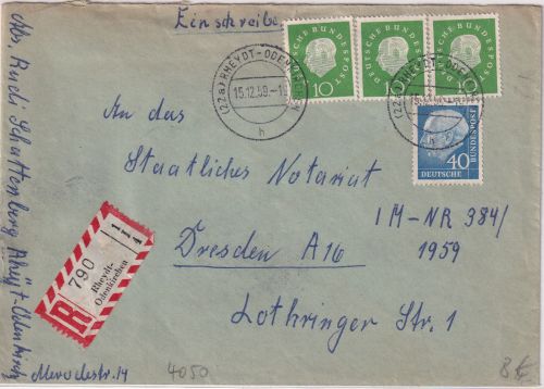 BRD - 3x10+40 Pfg. Heuss II/III Einschreibebrief Rheydt-Odenkirchen Dresden 1959