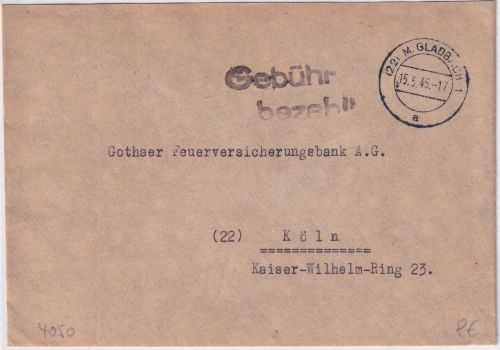 All.Bes. - (22) M. Gladbach 1946 Gebühr bezahlt L2 Brief n. Köln