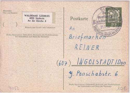 BRD - Süchteln 31.12.62 Handwerbestpl. (aptiert) Ganzsache n. Ingolstadt