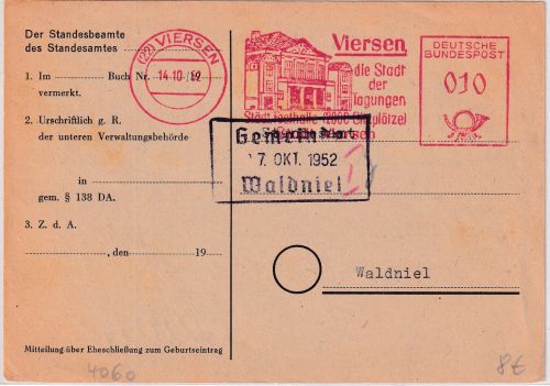 BRD - Viersen 1952 10 Pfg. AFS "Stadt Viersen Stadthalle" Karte n. Waldniel