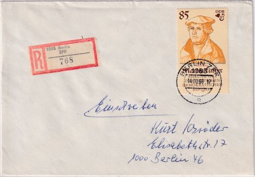 DDR - 85 Pfg. 500. Geb. Luther Einschreibbrief Berlin ZPF n. Berlin 46 1988