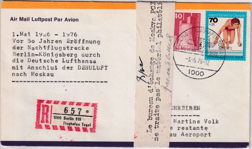Berlin - Sonderflug 50 J. Nachtflugstrecke R-Brief i.d. UdSSR 1972 Retour