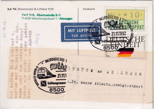 BRD/Postsperre - Nürnberg 1992 Luftpostkarte n. BOSNIEN - Retourzettel