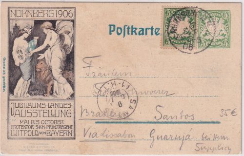 Bayern - Nürnberg Landesausstellung 1906 5 Pfg Privatganzsache n. BRASILIEN