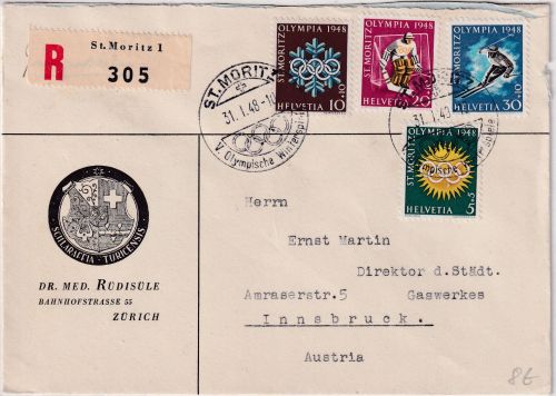 Schweiz - Olympiade 1948 Satz Einschreibebrief SST St. Moritz - Innsbruck