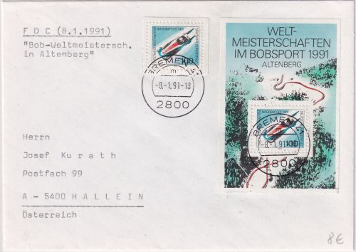 BRD - Bobsport WM 1991 Block+Marke FDC n. ÖSTERREICH Bremen 8.1.91