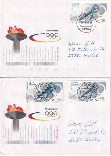 BRD - Winterolympiade 2002 Eisschnellauf 2 Sonderganzsachen Alfdorf/Schw. Hall