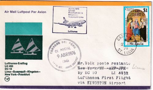 St. Lucia - 1 $ Weihnachten Luftpostbrief n. PERU Castries - Lima 1976