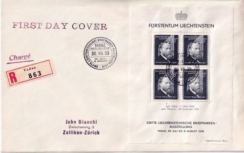 Liechtenstein - Briefmarkenausstellung Vaduz Block Einschreibebrief FDC 1938