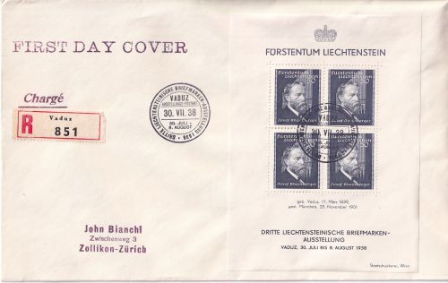 Liechtenstein - Briefmarkenausstellung Vaduz Block Einschreibebrief FDC 1938